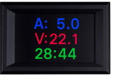 Digital display with voltage, current, and Countdown Timer readings on a black background